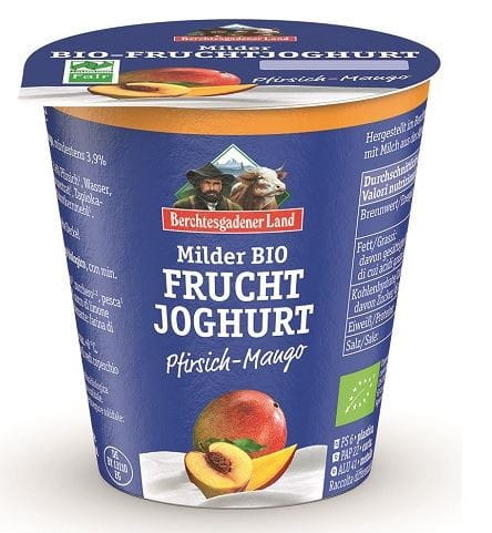 Bio Pfirsich Joghurt mit Mango, glutenfrei, 150 g, BERCHTESGADENER LAND, cremig und fruchtig im Becher