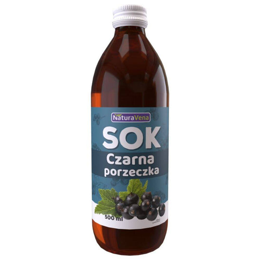 Schwarzer Johannisbeersaft in 500 ml Flasche von NaturAvena, dunkle Beeren und frischer Saft in Glasflasche sichtbar