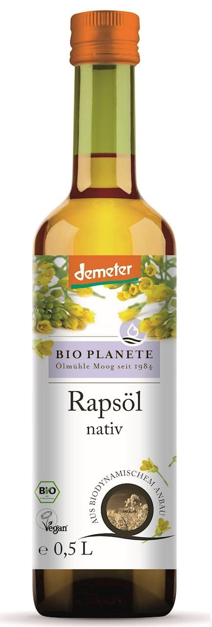 Kaltgepresstes Rapsöl Bio Demeter von BIO PLANETE in 500 ml Flasche, goldgelbes Öl mit natürlicher Textur.