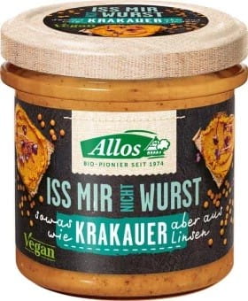 Veganer glutenfreier Pasta mit Krakauer Wurst im Bio-Qualität, ALLOS, 135 g, frisch und appetitlich auf einem Teller angerichtet