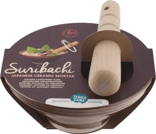 Traditioneller japanischer Suribachi Mörser mit Stößel, Terrasana, aus Keramik, für Gewürze und Pasten, 715 g, auf weißem Hintergrund