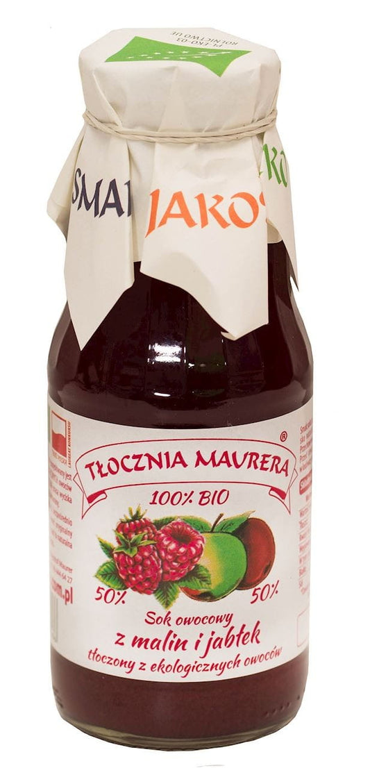 Bio Himbeersaft mit Apfel von TŁOCZNIA MAURERA, 300 ml Flasche, zeigt frisch gepresste Himbeeren und Äpfel in der Flasche