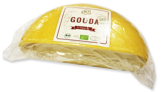 BIO-Gouda-Käse von SER FARM, ca. 4 kg, reifer Käse aus der alten Molkerei, mit goldener Rinde und cremiger Textur.