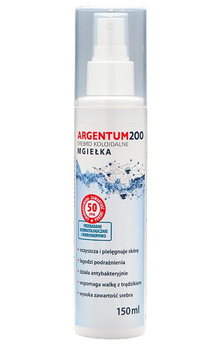 Flasche mit 150 ml kolloidalem Silber-Nebel von AURA HERBALS, silberne Verpackung, sichtbarer Sprühkopf auf weißem Hintergrund