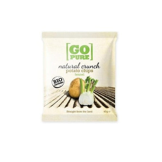 Bio glutenfreie Fenchelchips von GO PURE, knusprige und gesunde Snack-Option, sichtbar in der Verpackung.