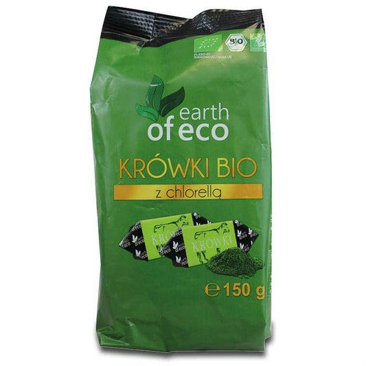 Bio Fudges mit Chlorella von EARTH OF ECO, 150 g, zeigt die grünen, natürlichen Fudges mit Chlorella in einer Packung