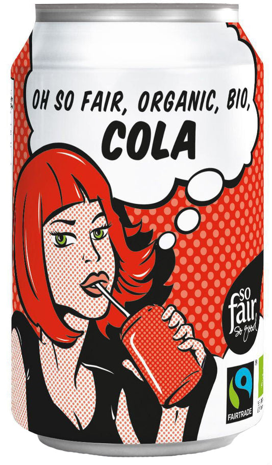 Dose mit fair gehandelter Bio-Cola, 330 ml, zeigt die braune Cola im Aluminiumdosen-Design mit OXFAM Logo.