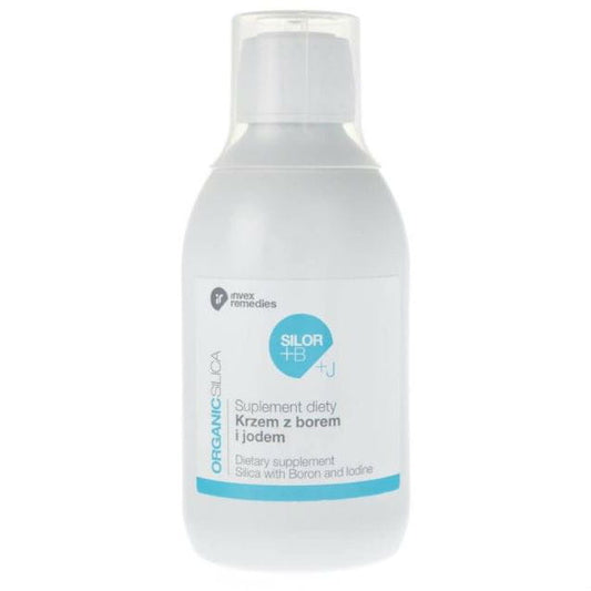 Flasche mit Silica mit Bor und Jod Silor + B+J von INVEX REMEDIES, 300ml, auf weißem Hintergrund