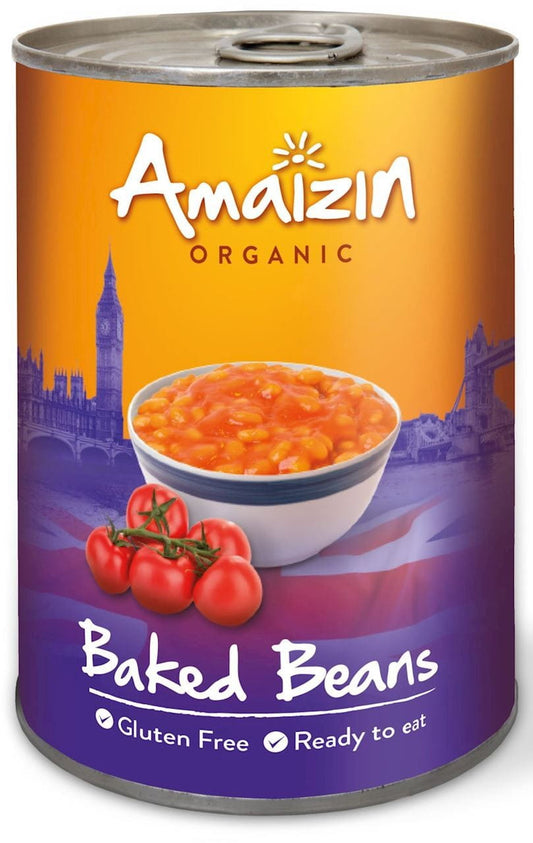 Gebackene Bio-Bohnen von AMAIZIN in 400 g Packung, frisch und lecker, sichtbar in der Verpackung auf dem Bild
