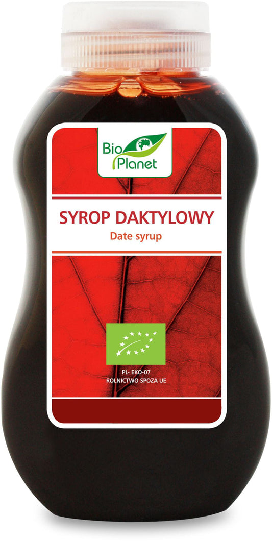 Bio Dattelsirup in 350 g Flasche von BIO PLANET, dunkler Zuckersirup mit natürlicher Süße, sichtbar in der Flasche.