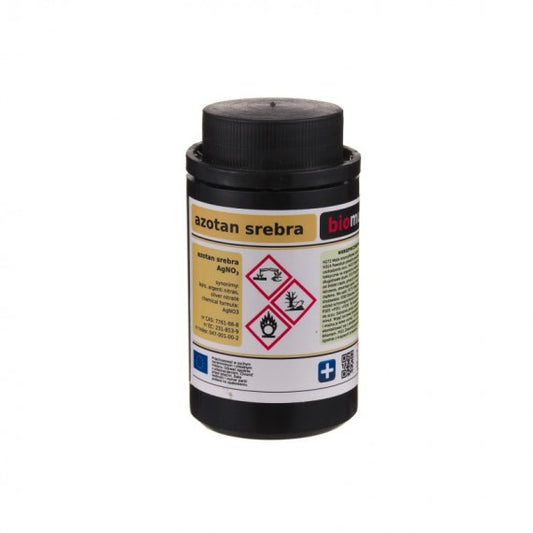 Silbernitrat 250g von BIOMUS, chemische Verbindung in einer transparenten Verpackung, ideal für Laboranwendungen