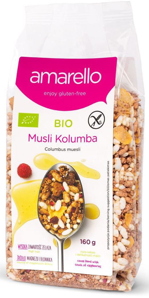 Glutenfreies Müsli von AMARELLO, Columbus BIO, 160 g, mit Hafer, Nüssen und getrockneten Früchten, in einer offenen Verpackung