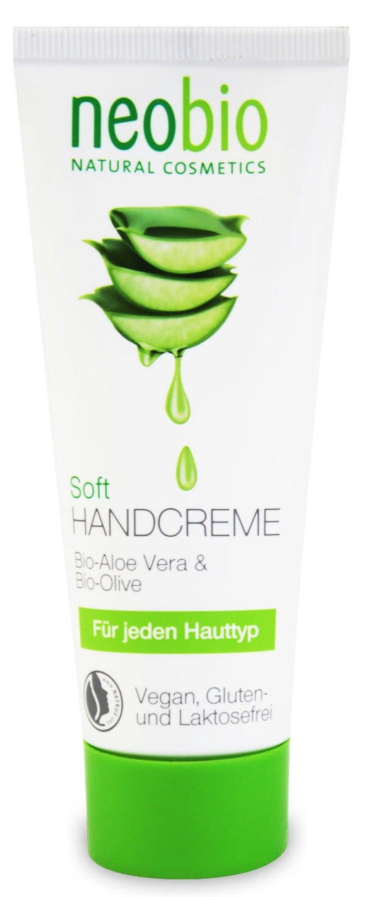 Handcreme mit Aloe-Extrakt und Olivenöl von NEOBIO, 75 ml, zeigt die cremige Textur in einer weißen Tube.