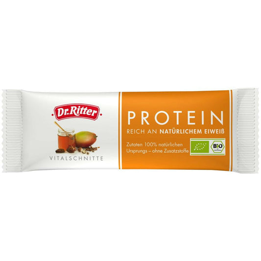 Energieriegel mit hohem Proteingehalt von DR. RITTER, Bio, 40 g, mit Nüssen und Hafer, sichtbarer Riegel mit Nüssen und Haferflocken