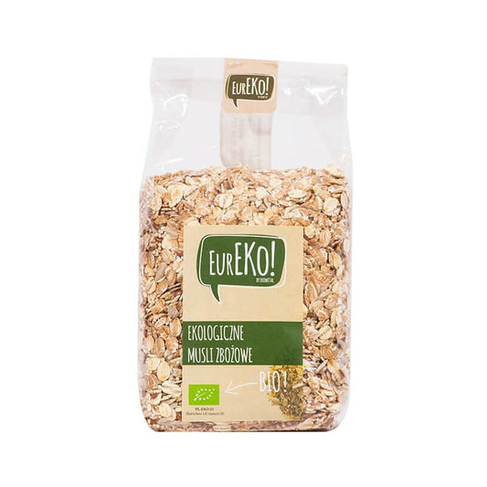 Bio-Getreidemüsli von EUREKO in 300 g Packung, mit Hafer, Nüssen und getrockneten Früchten, sichtbar in der Verpackung