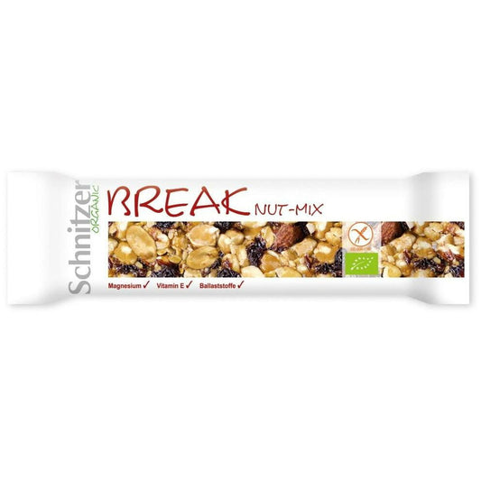 Glutenfreie Bio-Nussmischung von SCHNITZER, 40 g, mit verschiedenen Nüssen in einer transparenten Verpackung