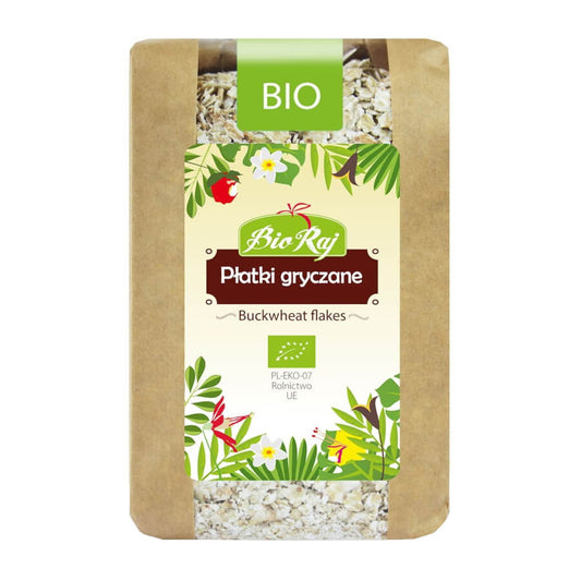 Bio Buchweizenflocken von BIO RAJ, 250 g, in einer offenen Schüssel, zeigt die knackigen, braunen Flocken auf hellem Hintergrund.