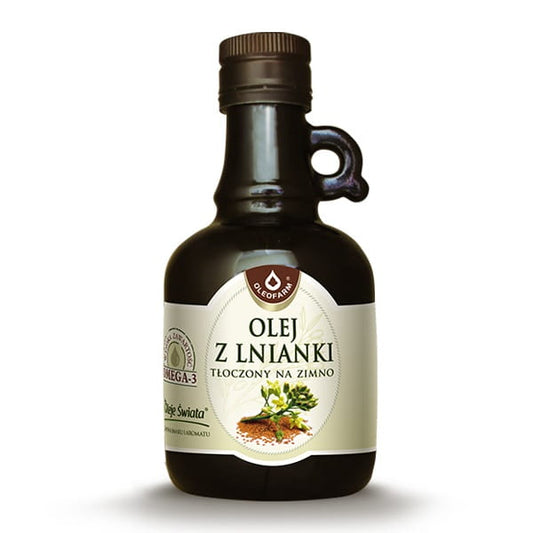 Kaltgepresstes Leinöl von OLEOFARM, 250ml Flasche, naturbelassenes Safranöl, flüssiges Öl in dunkler Glasflasche