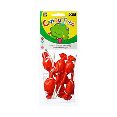 Runde glutenfreie Erdbeer-Lutscher von CANDY TREE, Bio, 7 Stück à 10g, süßer Fruchtgeschmack, ansprechender Blick auf die Verpackung