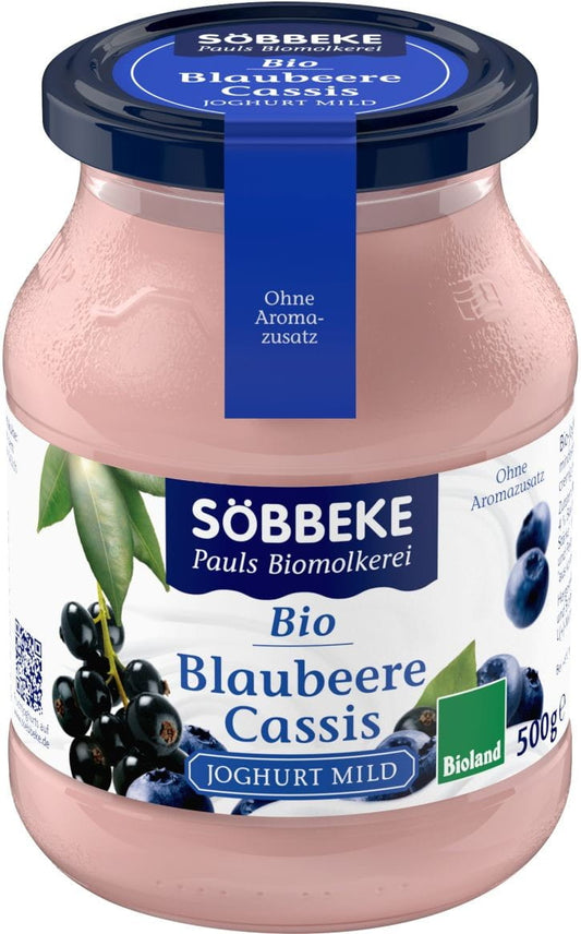 Blaubeer-Joghurt mit schwarzen Johannisbeeren, 38% Bio, in einem Glas, von SOBBEKE, frischer und cremiger Joghurt.