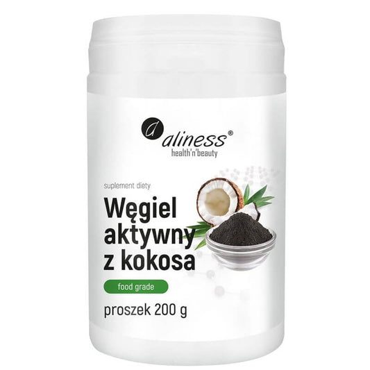 Kokosnuss-Aktivkohle in Lebensmittelqualität, 300 mg Pulver, 200 g, ALINESS, feines schwarzes Pulver in Beutel