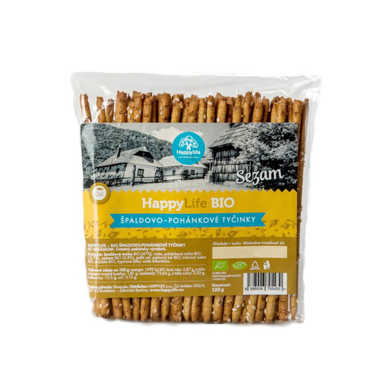 Bio Dinkel-Buchweizen-Sticks mit Sesam von HAPPYLIFE, 120 g, knusprige Snack mit Sesam und Vollkornzutaten.