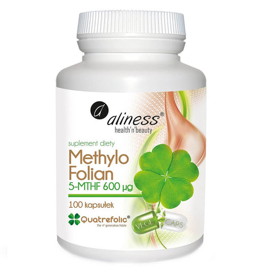 Methylfolat 5 - MTHF 600 mcg, 100 Kapseln von ALINESS, Nahaufnahme der Kapseln in einer Packung