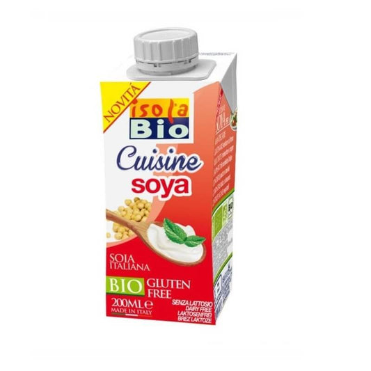 Glutenfreie Soja-Kochsahne BIO von ISOLA BIO, 200 ml, cremige pflanzliche Kochsahne in einer weißen Flasche.