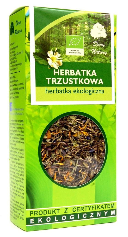 Bio Pankreas Tee von DARY NATURY, 50 g, in einer offenen Packung mit getrockneten Kräutern und Teeblättern.