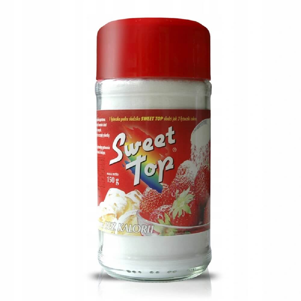 Rote Pulversüße von DOMOS in 150 g Packung, feine rote Süßstoffpulver auf weißem Hintergrund.