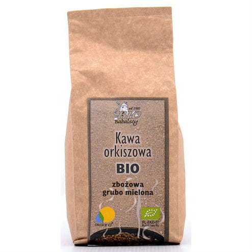 Bio Dinkel Getreidekaffee von BABALSCY, 300g, Nahaufnahme der Packung mit getreidebasiertem Kaffee im Naturlook