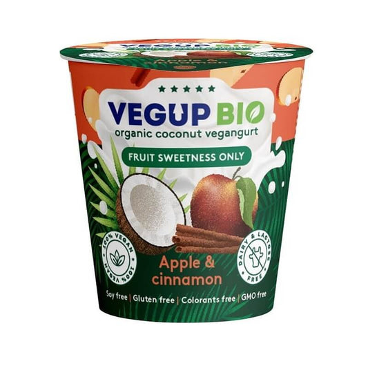 Bio Apfel-Kokos-Produkt mit Zimt von VEGUP BIO, glutenfrei, 140 g, zeigt die Verpackung mit Apfel- und Kokos-Elementen.
