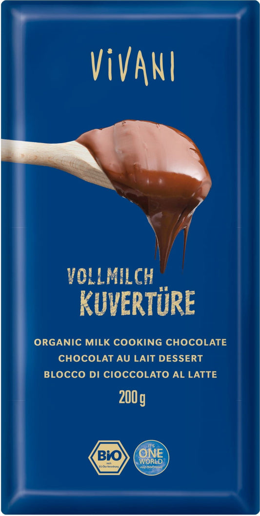 Bio Milchkuvertüre zum Kochen von VIVANI, 200 g, mit cremiger Textur, ideal für Backen und Schokolade.
