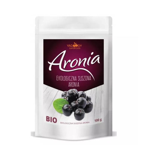 Getrocknete Bio-Apfelbeeren von YAGOODY, 100 g, Nahaufnahme der getrockneten roten Beeren in einer Packung