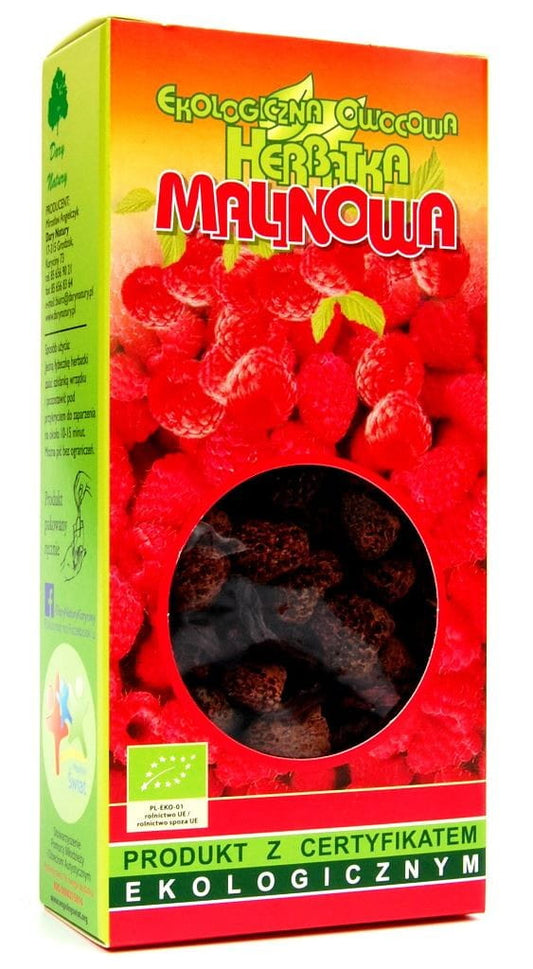 Bio Himbeertee von DARY NATURY, 80 g, frisches und aromatisches Teeprodukt mit Himbeeraroma, in natürlicher Verpackung.