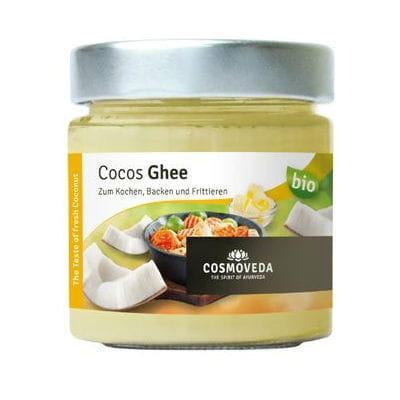 BIO-Kokos-Ghee von COSMOVEDA in 150 g Glas, cremige Konsistenz und goldene Farbe, ideal zum Kochen und Backen.