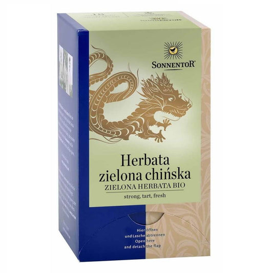 Bio chinesischer grüner Tee von SONNENTOR in einer 27 g Packung, frisch und grün mit Teeblättern und Verpackung.